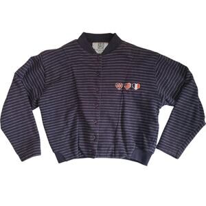 Y2k Striped Sweatshirt Button Front Navy White Embroidered B.A.D. - Medium